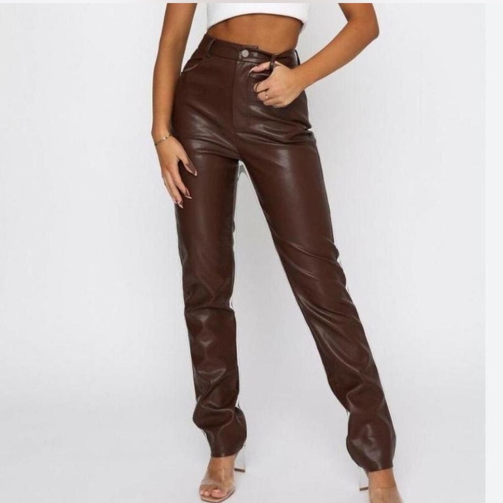 Brown leather white fox pants
